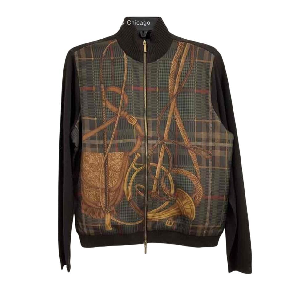 Lauren Ralph Lauren Silk Cashmere Zip Cardigan Brown PL Equestrian Scarf Print